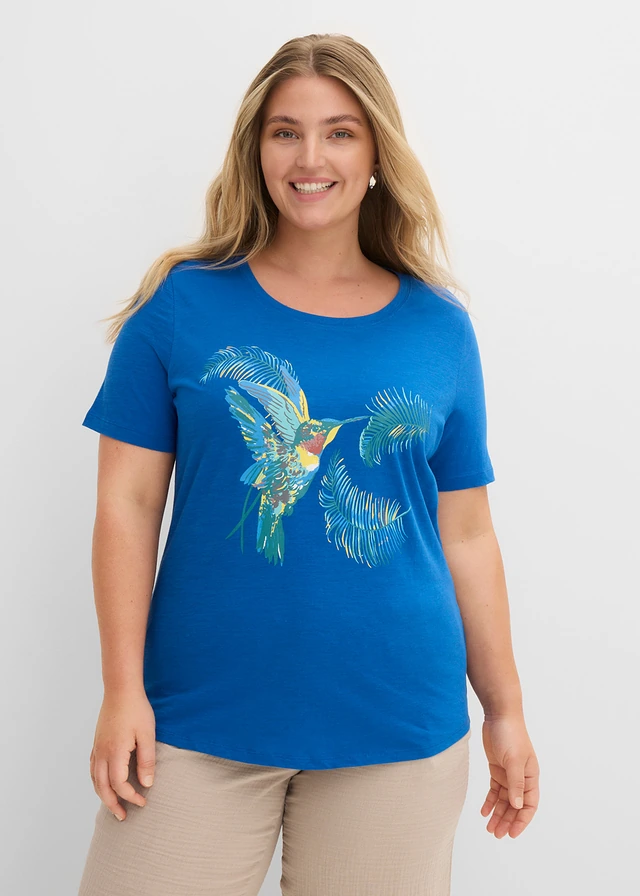 Katoenen shirt met print, Kleur: azuurblauw met print