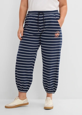 Pantalon sweat en coton mélangé, Couleur: bleu foncé-écru rayé