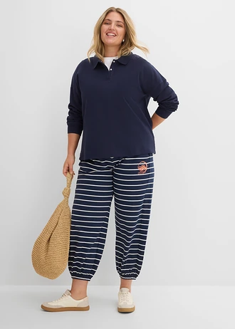 Pantalon sweat en coton mélangé, Couleur: bleu foncé-écru rayé
