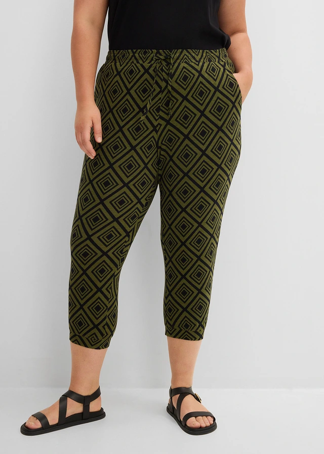 Pantalon 3/4 fluide en viscose extensible, Couleur: kaki foncé imprimé graphique