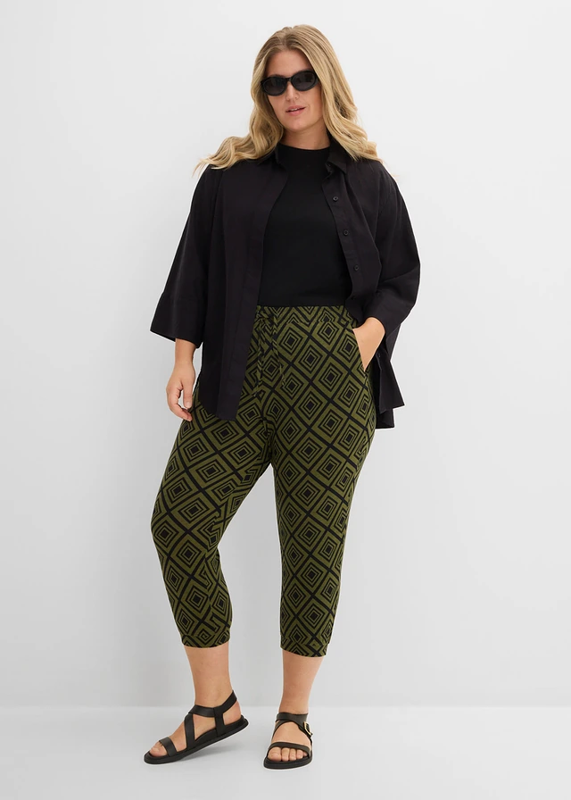 Pantalon 3/4 fluide en viscose extensible, Couleur: kaki foncé imprimé graphique
