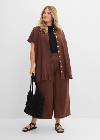 Pantalon large en lin majoritaire, Couleur: marron
