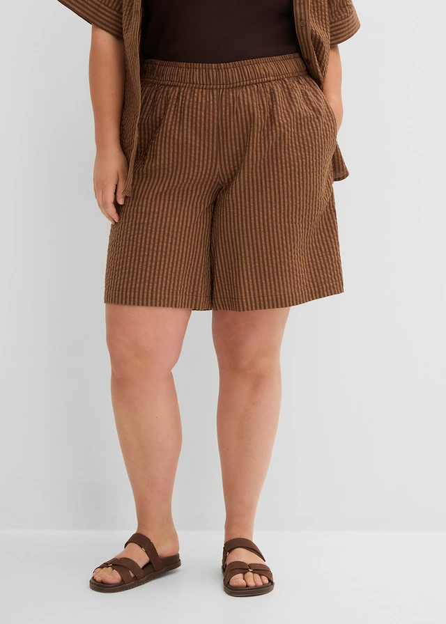 Short confortable à taille élastiquée, Couleur: marron rayé
