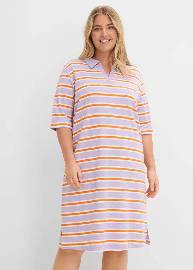 Robe longueur genou à col polo, Couleur: orange vif-parme-écru rayé