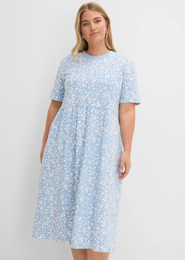 Robe évasée en jersey de coton épais, Couleur: bleu clair-écru imprimé
