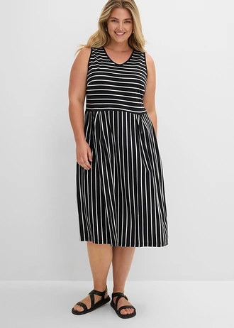 Robe midi en jersey coton, Couleur: noir-écru rayé
