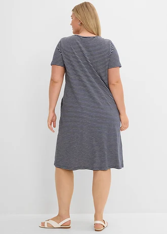 Rochie din tricot din bumbac organic 100%, culoare: bleumarin/alb dungat