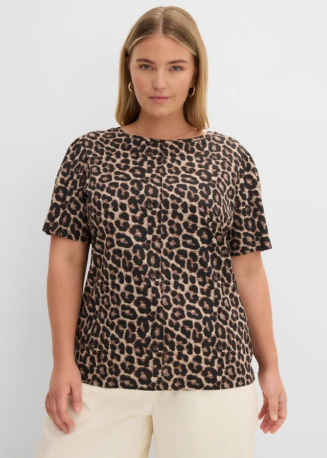 Shirt met luipaardprint, Kleur: zwart-donkerbruin-middenbruin-natuursteen luipaardprint