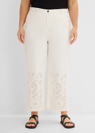 Twill broek met broderie anglaise, Kleur: wolwit