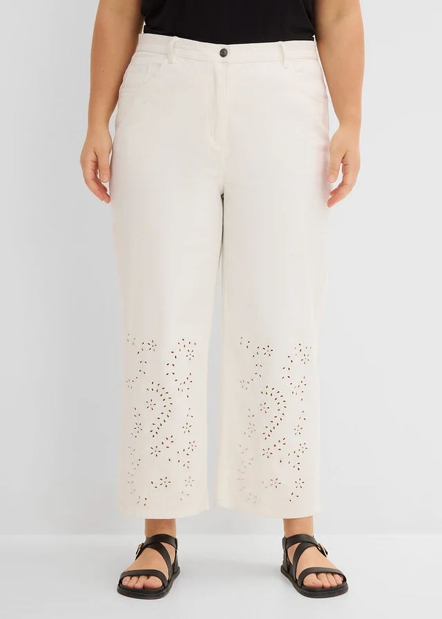 Pantalon en twill à broderies anglaises, Couleur: écru