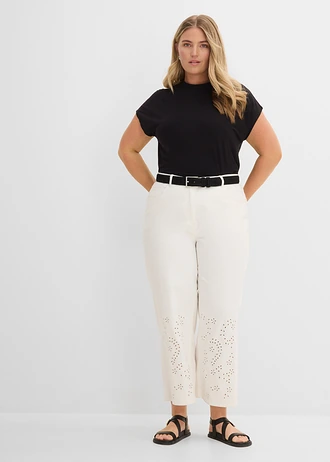 Twill broek met broderie anglaise, Kleur: wolwit