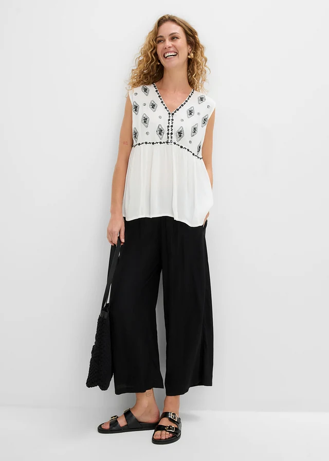 Top-bluză din viscoză fluidă • ecru/negru • magazin bonprix