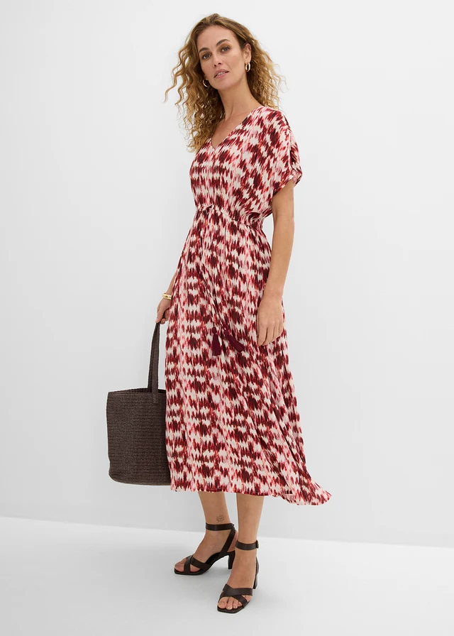 Maxi jurk van gestructureerde viscose • wolwit-esdoornrood met print • product-page.page-title-suffix