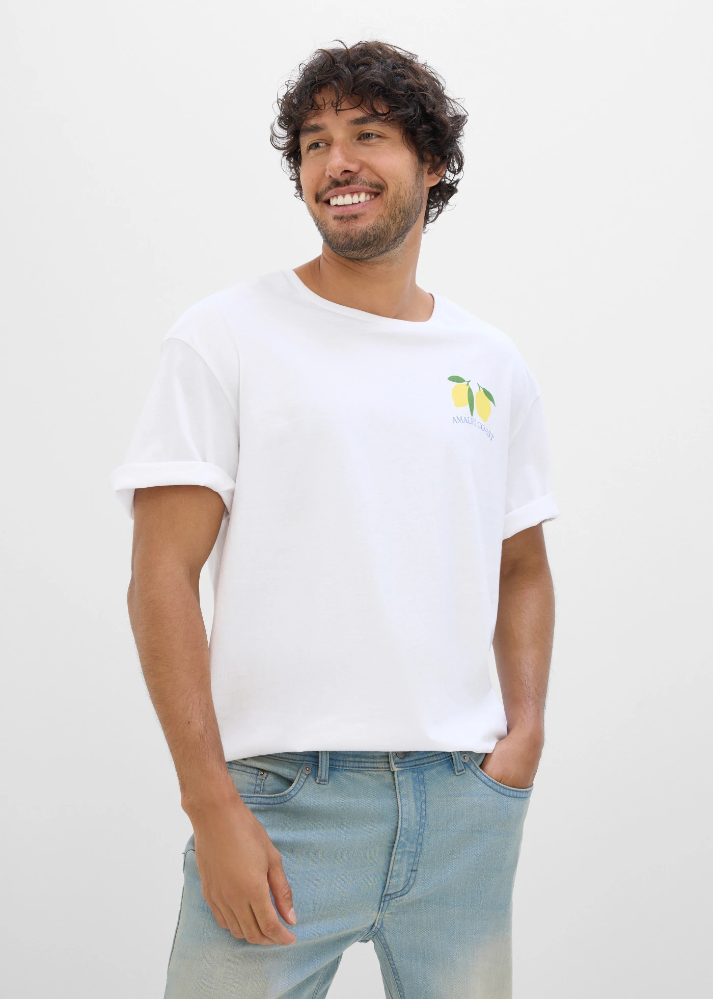 T-shirt z czystej bawełny organicznej, loose fit • biały z nadrukiem • sklep bonprix
