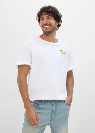T-shirt z czystej bawełny organicznej, loose fit • biały z nadrukiem • sklep bonprix