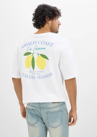 T-shirt z czystej bawełny organicznej, loose fit, kolor: biały z nadrukiem