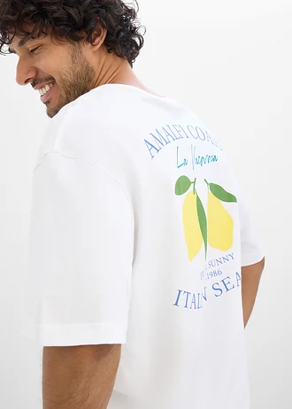 T-shirt z czystej bawełny organicznej, loose fit • biały z nadrukiem • sklep bonprix