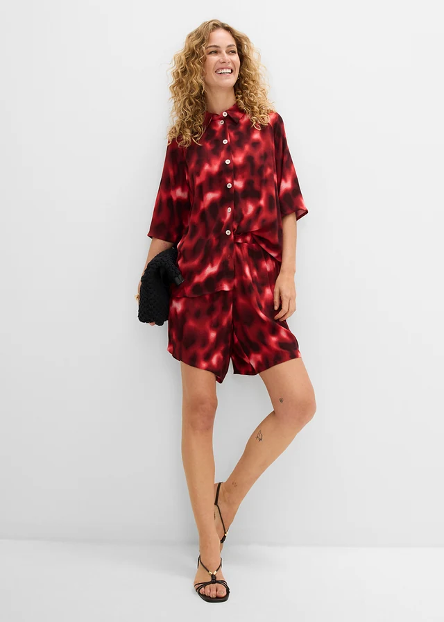 Oversized blouse van gestructureerde viscose, Kleur: ivoorkleur-esdoornrood-mat koraal-donkerbruin met print