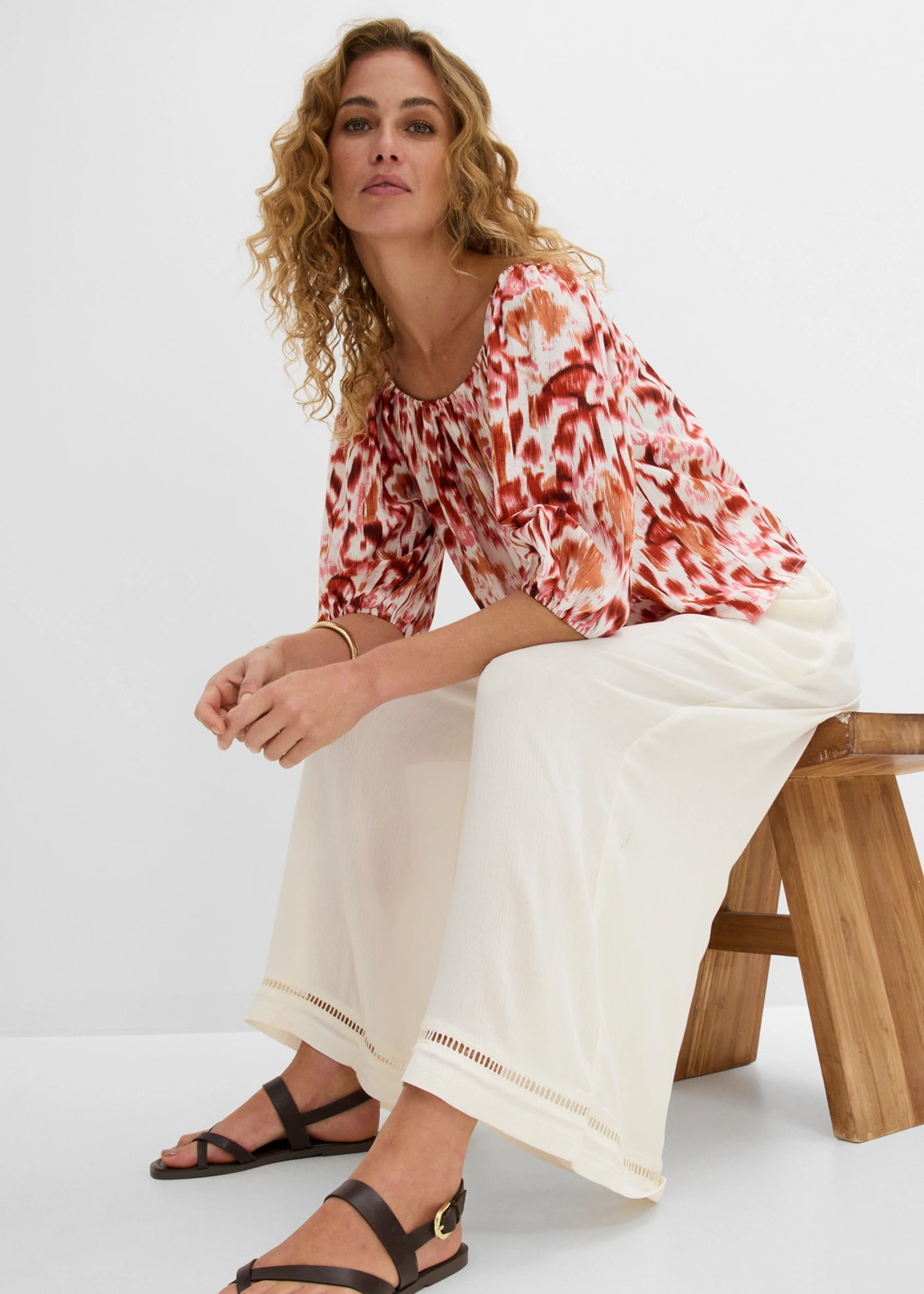 Pantaloni culotte din viscoză cu textură • ecru • magazin bonprix