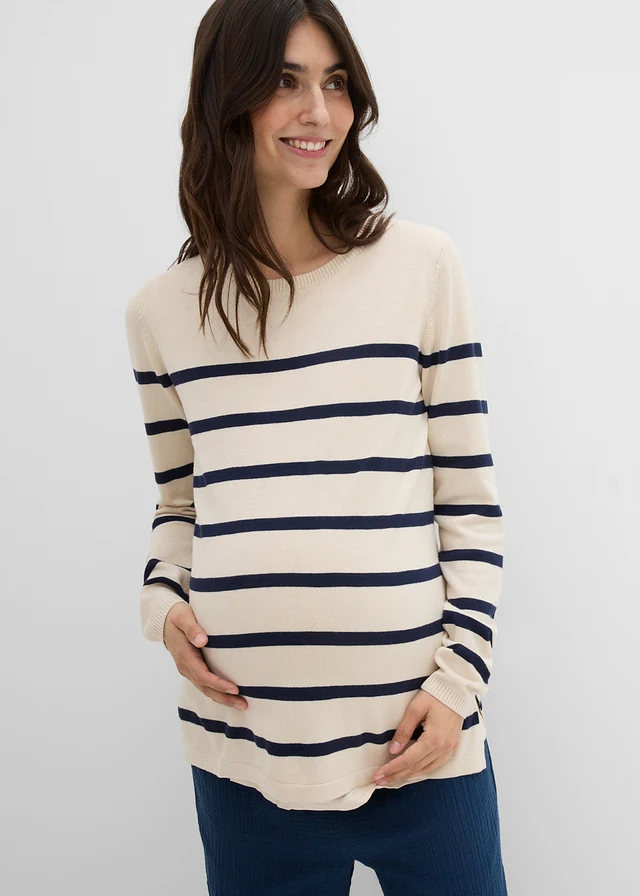 Pull de grossesse et d’allaitement en maille légère • beige galet-bleu foncé rayé • product-page.page-title-suffix
