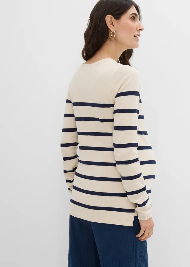 Pull de grossesse et d’allaitement en maille légère • beige galet-bleu foncé rayé • product-page.page-title-suffix
