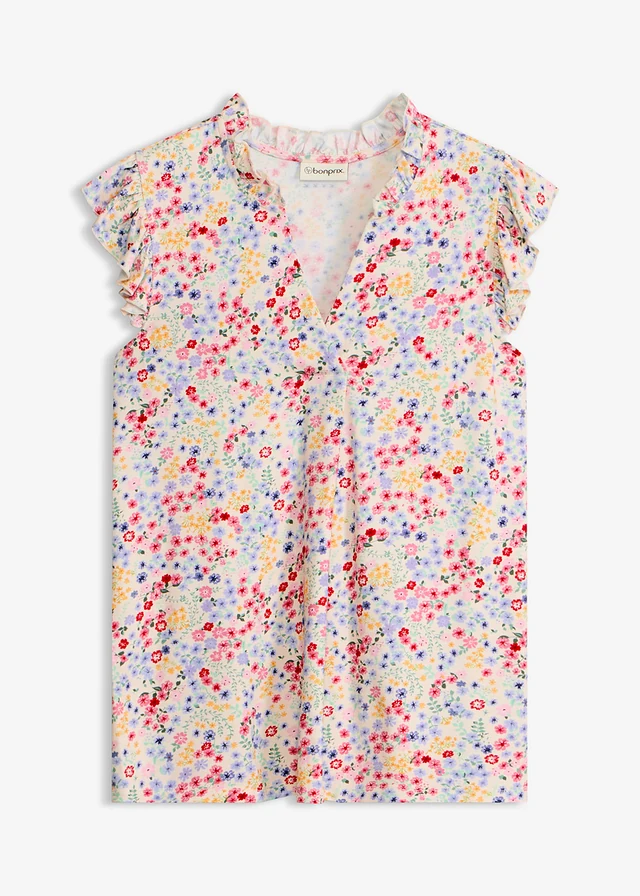 T-shirt doux en viscose mélangée, Couleur: écru-multicolore floral