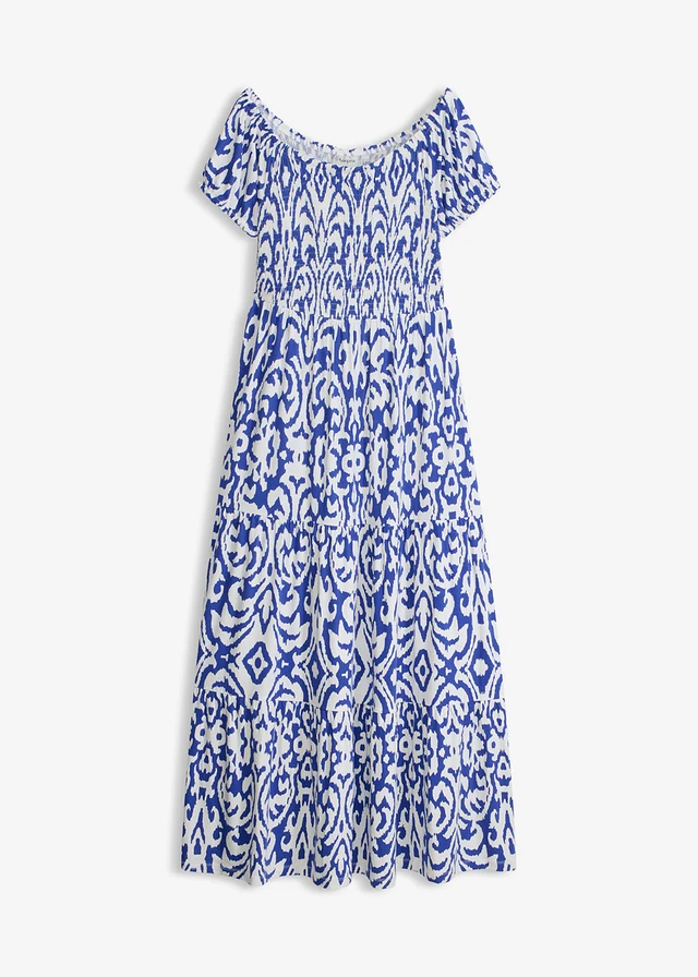 Robe longue en viscose extensible, Couleur: bleu cobalt-écru paisley