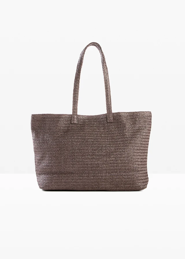 Shopper in rieten look, Kleur: donkerbruin