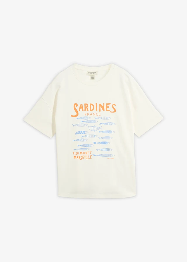 T-shirt van zwaar biologisch katoen, Kleur: wolwit met print