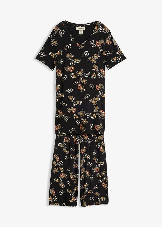 T-shirt et jupe-culotte en viscose fluide (ens. 2 pces), Couleur: noir paisley