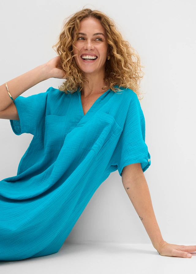 Kaftan jurk van zachte mousseline • laguneblauw • product-page.page-title-suffix