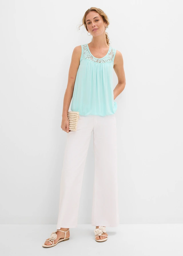 Top en viscose extensible et dentelle, Couleur: bleu aqua