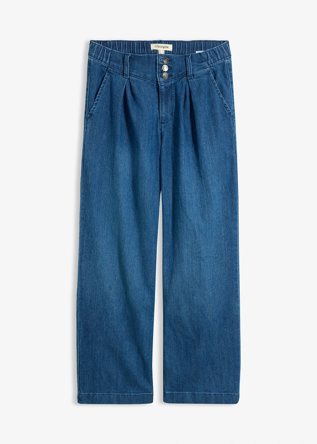 Jeansy wide leg, high waist z wygodną talią • niebieski "stone" • sklep bonprix