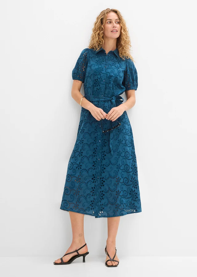 Rochie tip bluză cu broderie spartă din bumbac 100% • albastru-petrol • magazin bonprix