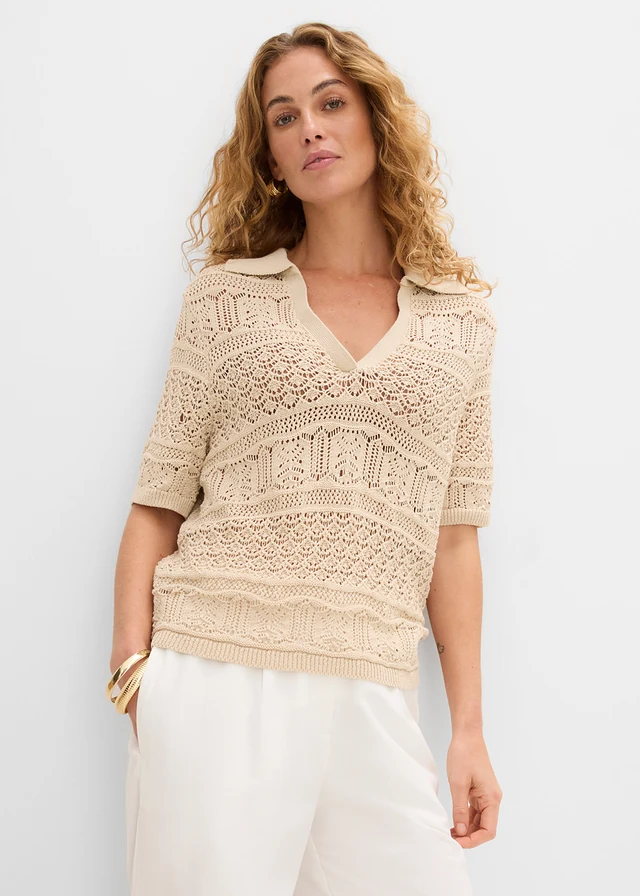 Pull ajouré à col polo, Couleur: sable clair