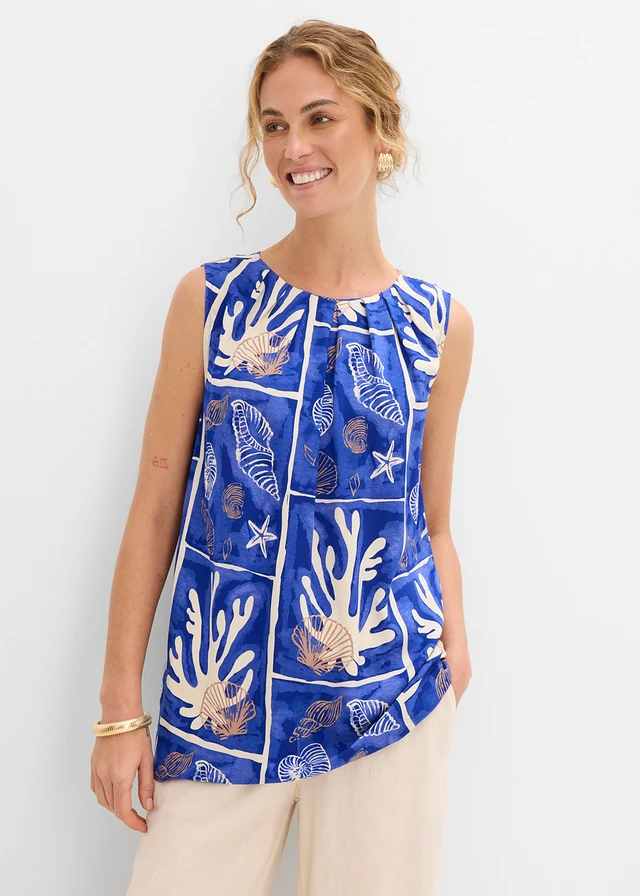 Top blouse en viscose fluide, Couleur: beige galet-bleu cobalt imprimé
