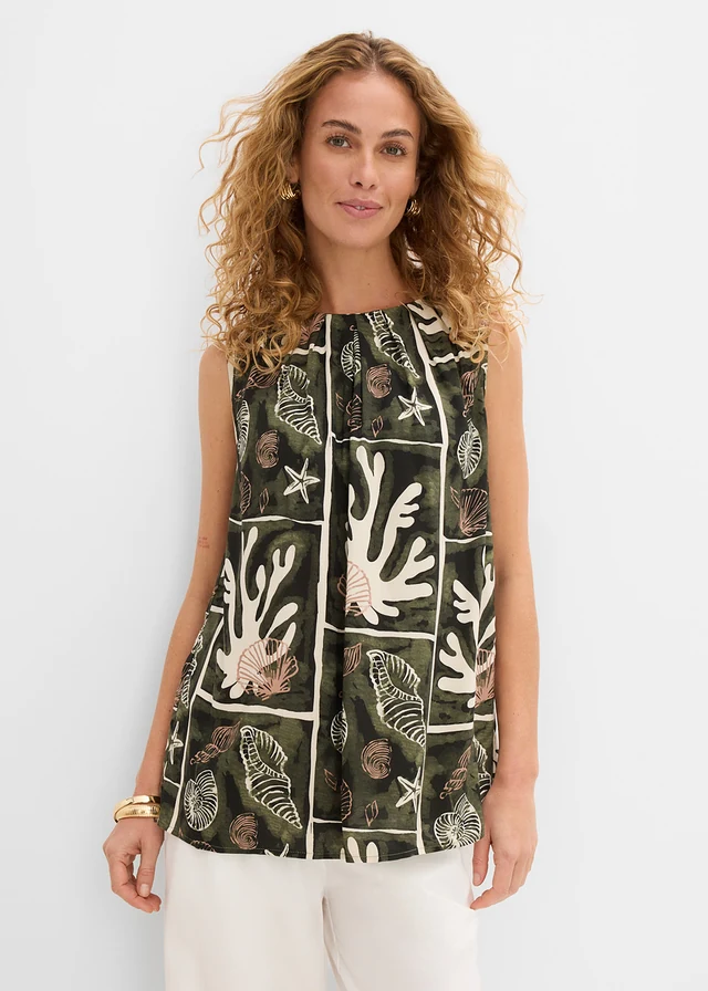 Top-bluză din viscoză fluidă • bej-prund-verde închis cu imprimeu • magazin bonprix