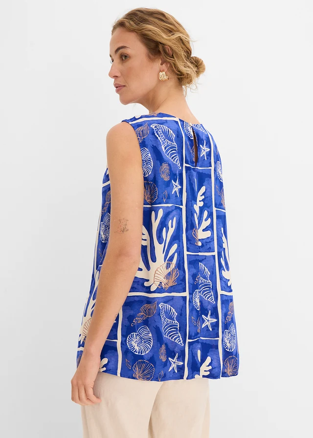 Top blouse en viscose fluide, Couleur: beige galet-bleu cobalt imprimé