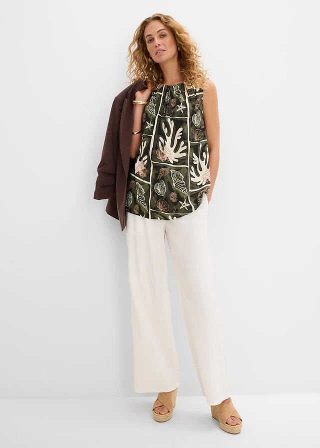 Top blouse en viscose fluide • beige galet-vert foncé imprimé • product-page.page-title-suffix