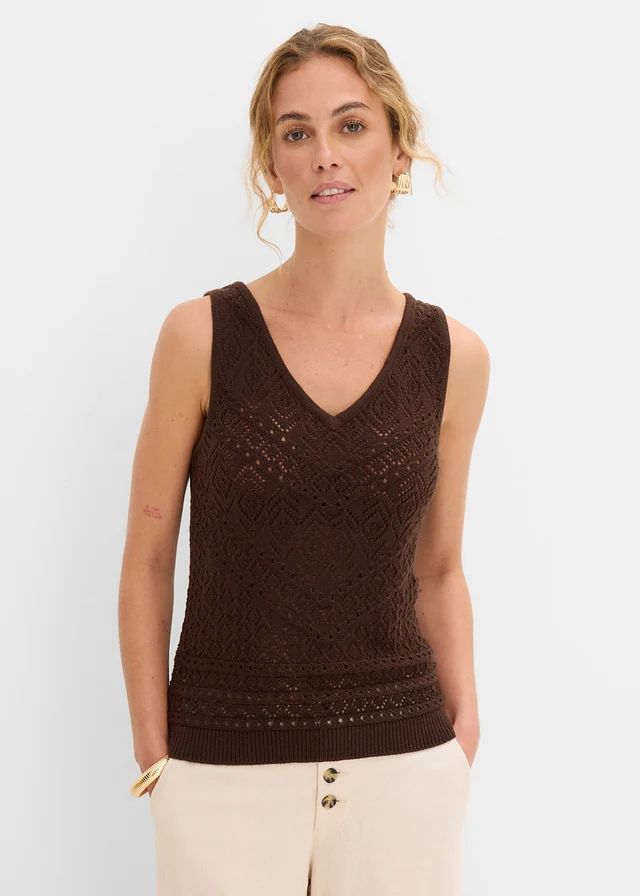 Top tricotat cu model ajurat, cu bumbac • maro închis • magazin bonprix
