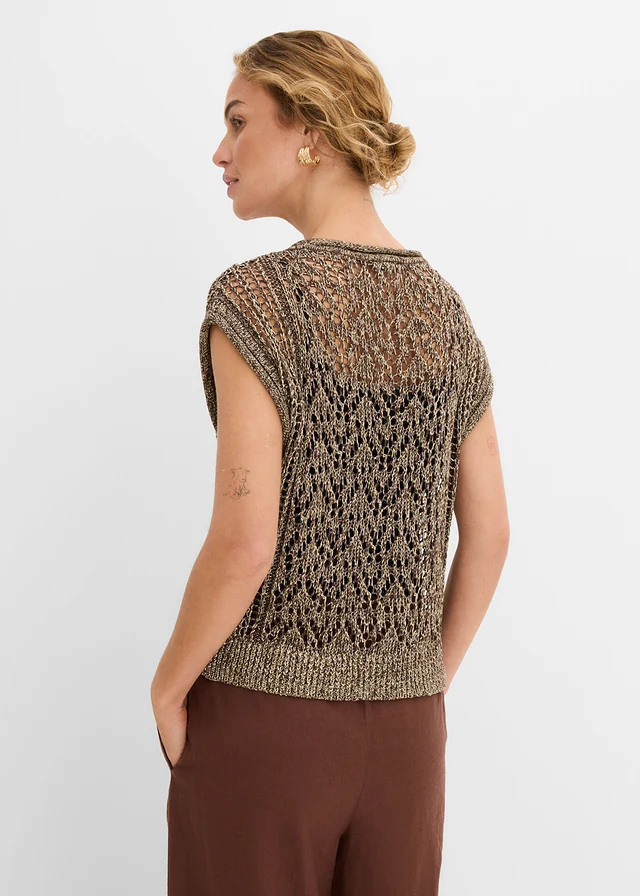 Ajour gebreid vest met viscose en glittergaren • donkerbruin/metallic goud • product-page.page-title-suffix