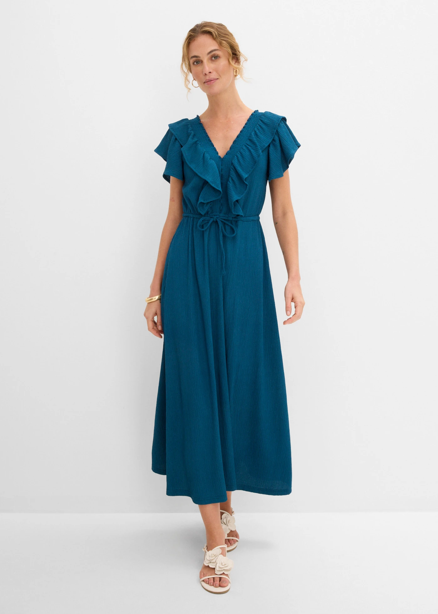 Maxi jurk met volant • blauwpetrol • product-page.page-title-suffix
