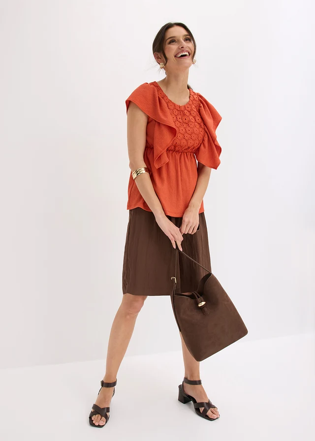 Blouse en crêpe texturé, Couleur: rouge cannelle