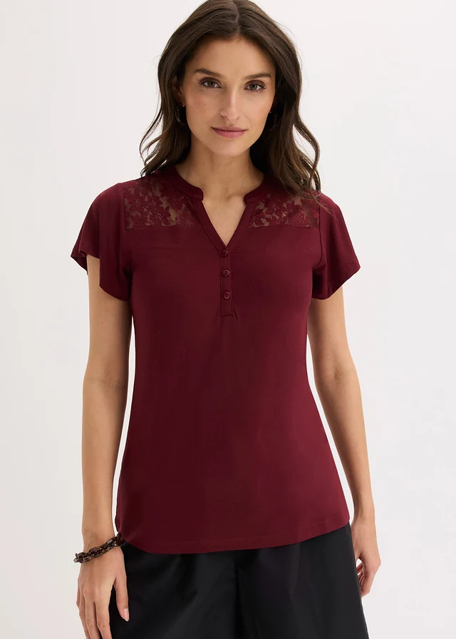 Henley shirt in een viscosemix, Kleur: esdoornrood