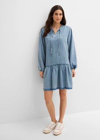 Losse midi jurk met linnen, Kleur: ijsblauw denim