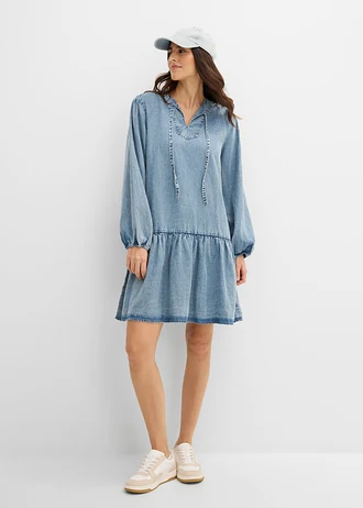 Volné midi šaty se lnem, barva: ledově modrý denim