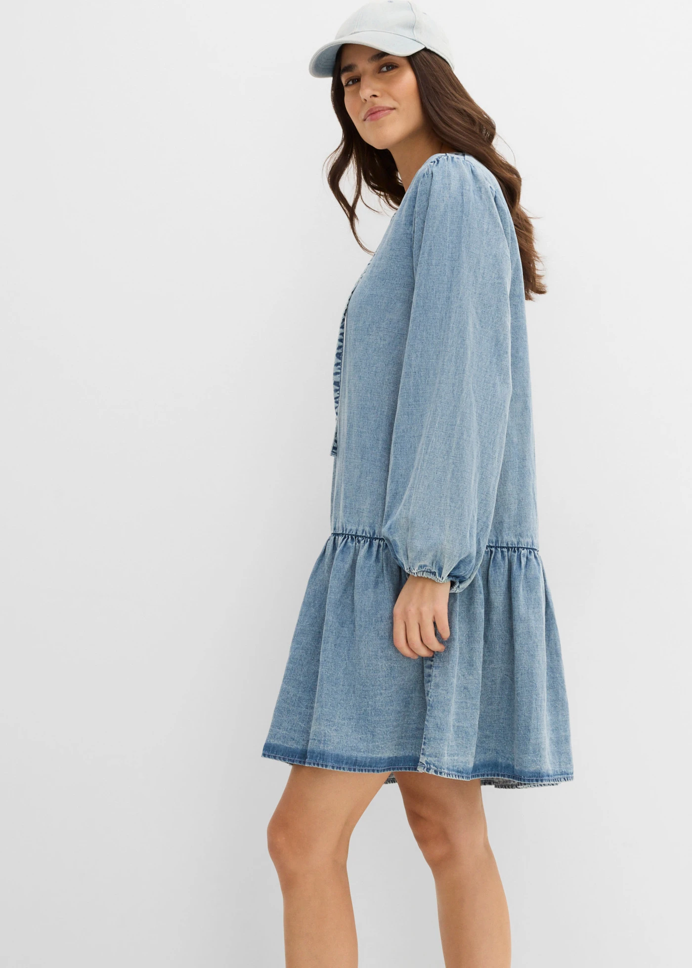 Midi šaty, ležérne, s plátnom • ľadovo modrá denim • obchod bonprix