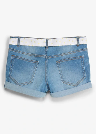 Szorty jeansowe ze stretchem i z paskiem, kolor: jasnoniebieski denim
