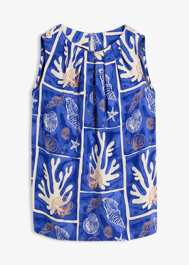 Top blouse en viscose fluide, Couleur: beige galet-bleu cobalt imprimé