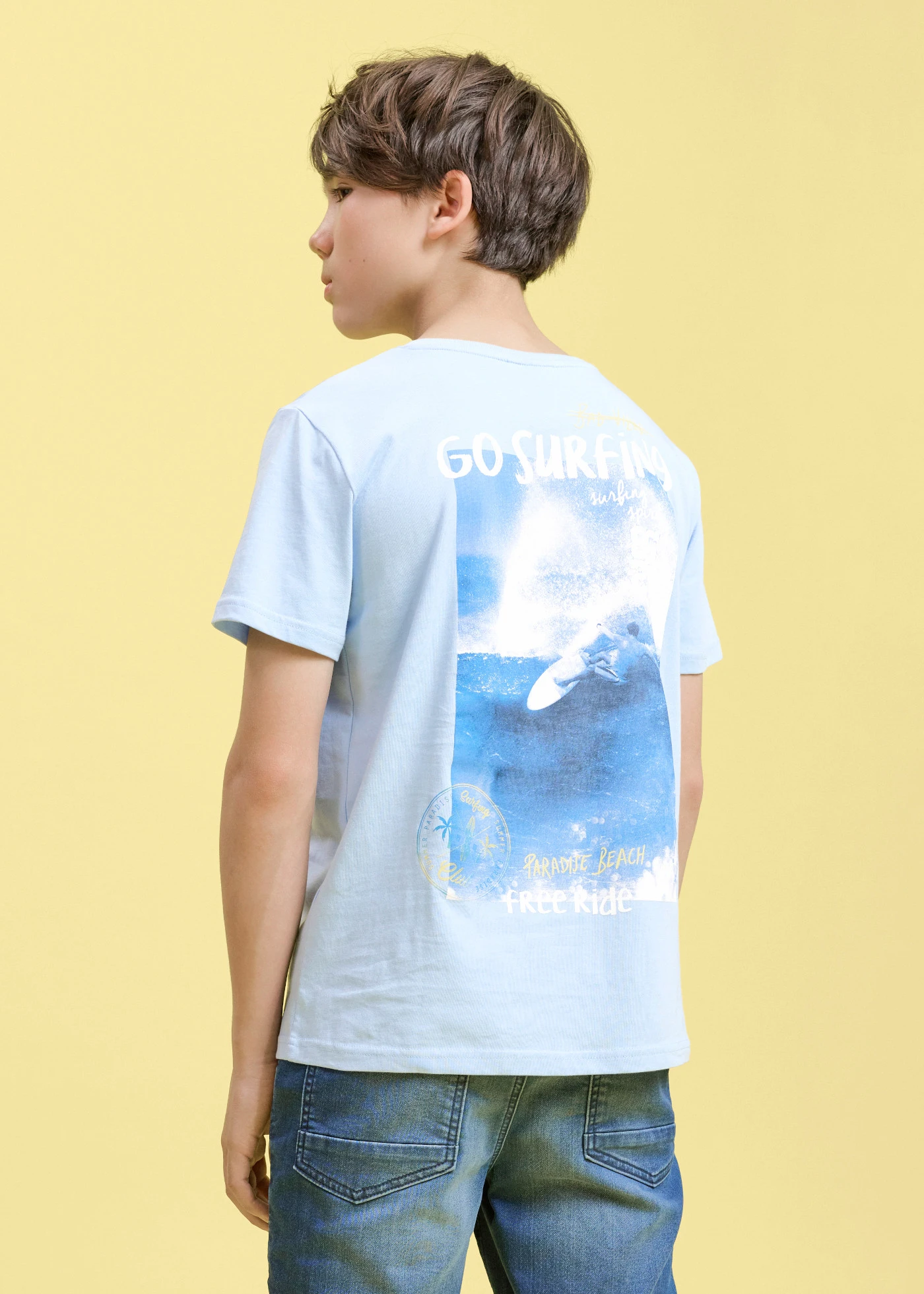 T-shirt z nadrukiem na plecach z czystej bawełny organicznej • jasnoniebieski z nadrukiem • sklep bonprix